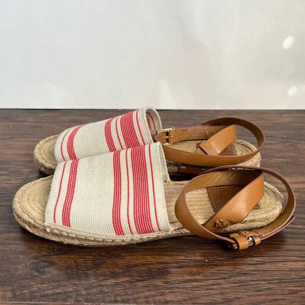 Tory Burch Espadrille Awning Stripe Leather Strap Sandals - Picture 3 of 9